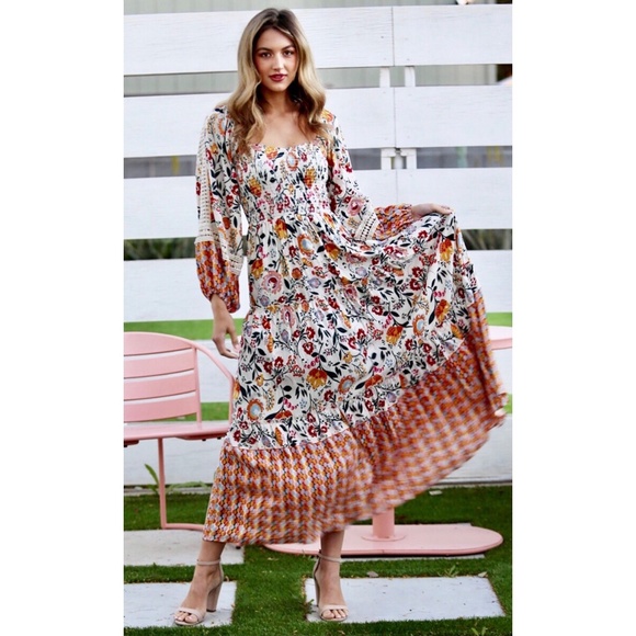 ANGIE Ivory Floral Smocked Long Sleeve Tiered Maxi Dress - Picture 2 of 11